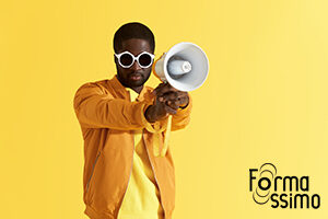 Black man in fashion sunglasses with megaphone portrait